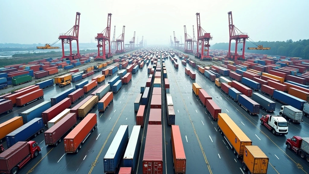 Luftaufnahme eines großen Containerterminals mit Gantry-Kranen, Containerstapeln und Lastkraftwagen in geordneter Anordnung