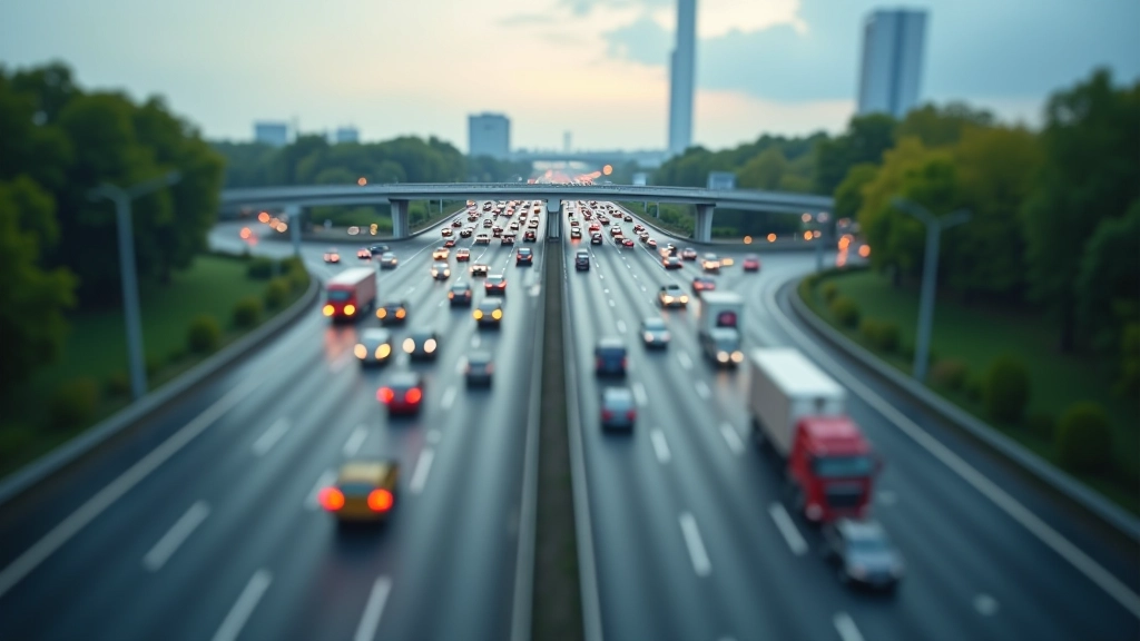 Luftaufnahme einer modernen Autobahnkreuzung mit mehrspurigem Verkehrsfluss bei Tageslicht