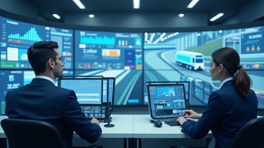 Geschäftsleute in modernem Logistik-Kontrollzentrum, Männer und Frauen vor großen Bildschirmen mit Echtzeit-Tracking und Datenvisualisierungen