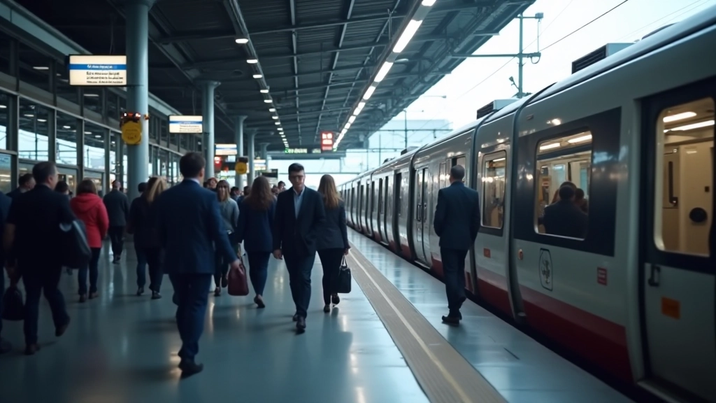 Moderner Bahnhof mit Fahrgästen, die einsteigen oder aussteigen, moderne Züge im Hintergrund