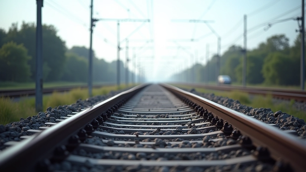 Nahaufnahme einer modernen Eisenbahnstrecke mit Elektrifizierungsleitungen und erneuerten Schienen