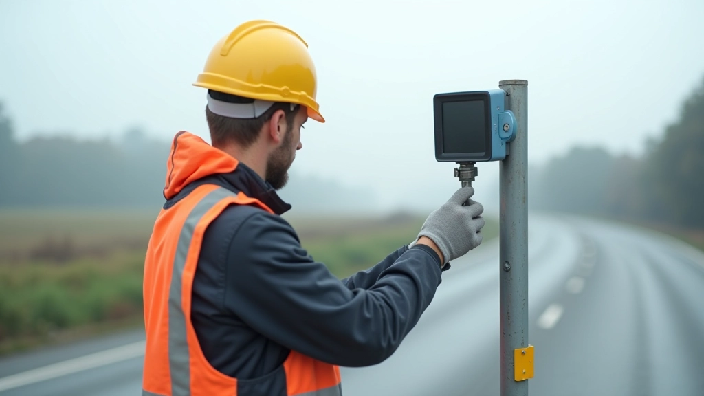 Bauarbeiter installiert digitale Verkehrssensoren an Autobahnmast unter freiem Himmel