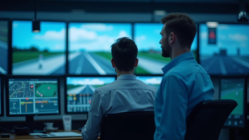 Verkehrskontrollzentrum mit Monitoren zeigt Live-Verkehrsdaten und Autobahnkameras von oben