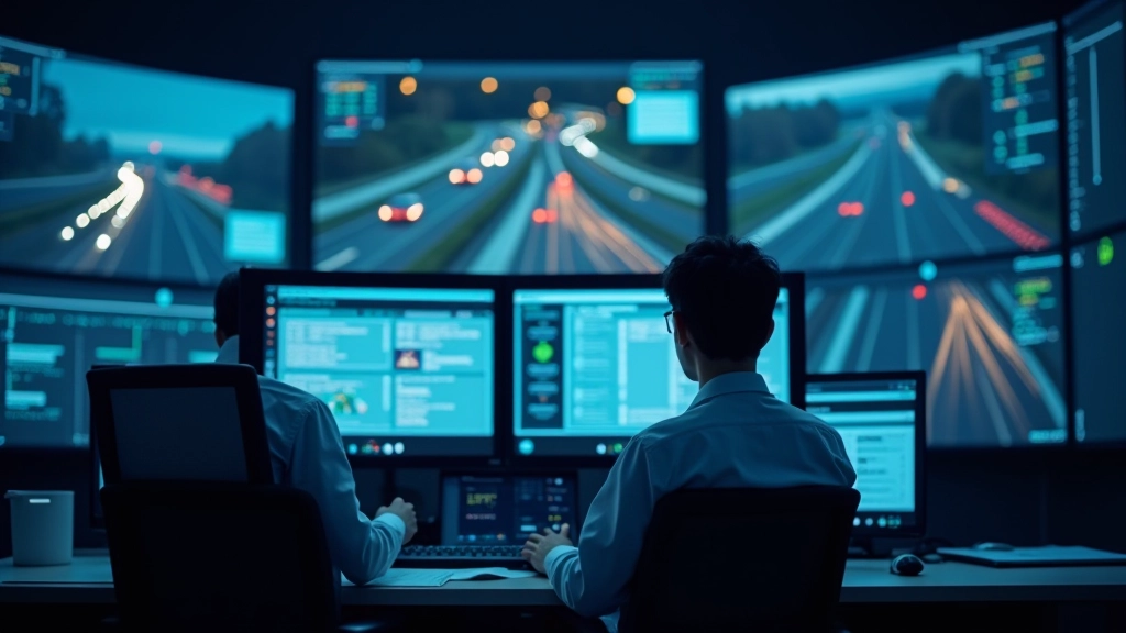 Modernes Verkehrskontrollzentrum mit Monitoren und digitalen Anzeigetafeln in einer Infrastruktureinrichtung