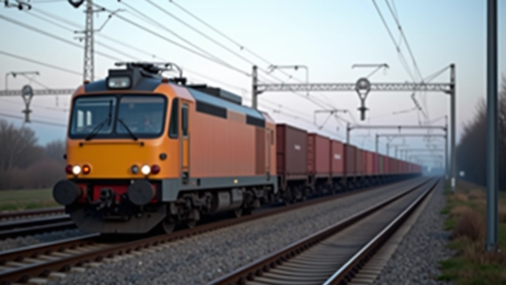 Güterzug mit mehreren Waggons auf Schienen, Bahnstrecke mit Industriehintergrund und klarem Himmel