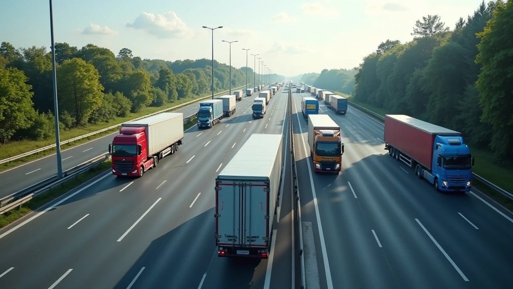 Netzwerk-Visualisierung von Logistik-Routen mit Lastkraftwagen auf Autobahn, europäische Karte mit Verbindungspunkten im Hintergrund