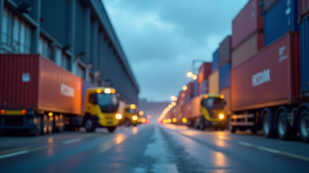 Großes Logistikzentrum mit Containern, Gabelstaplern und modernen Lagerfazilitäten bei Dämmerung