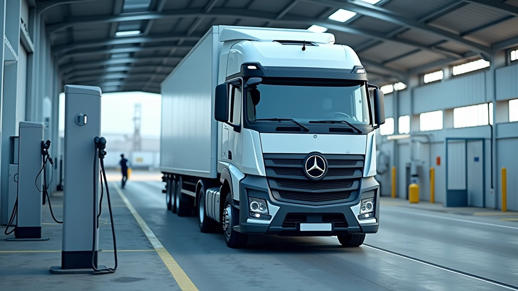 Modernes Elektro-Lastkraftfahrzeug an einer Ladestation, industrielle Umgebung, grüne Infrastruktur-Symbole, Tageslicht