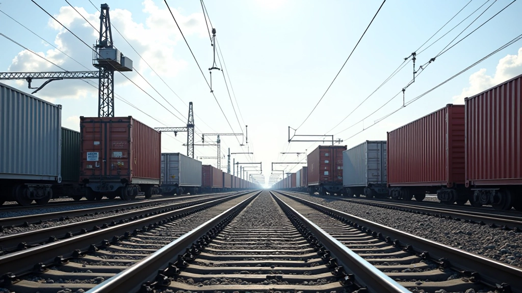 Moderner Güterbahnhof mit Schienen, Containerverladeanlagen und Ladekränen, industrielle Umgebung bei Tageslicht