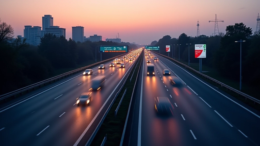 Futuristische Darstellung einer Autobahn mit vernetzten Fahrzeugen und digitalen Verkehrssignalen bei Dämmerung