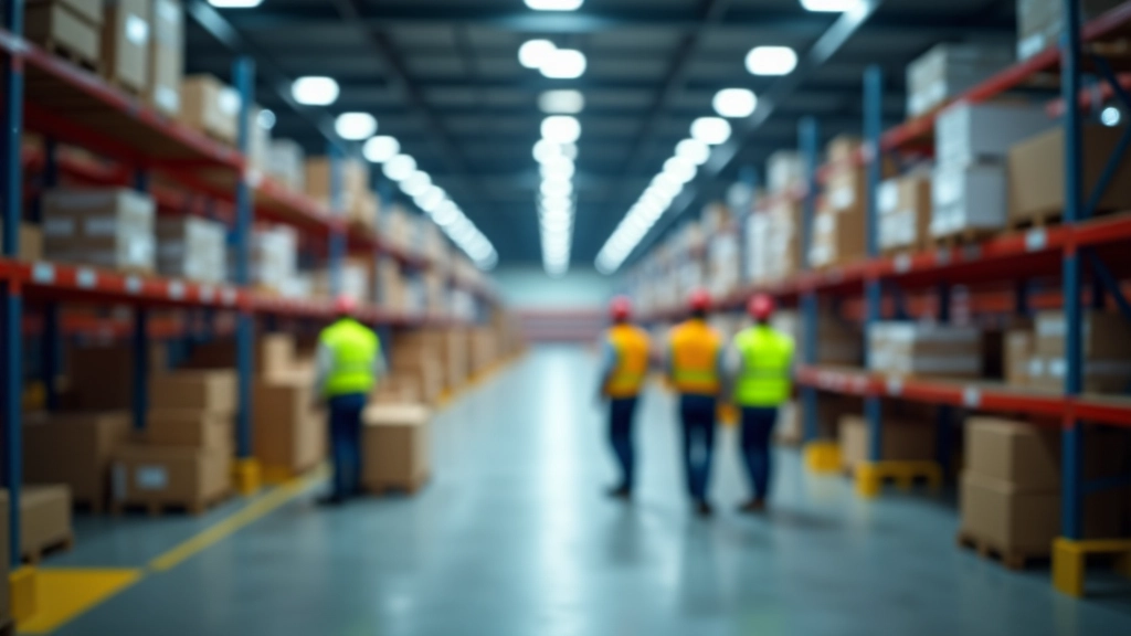 Moderne Logistik-Verteilzentrum mit organisiertem Lagersystem, farbcodierten Zonen und Arbeitern in Sicherheitsausrüstung