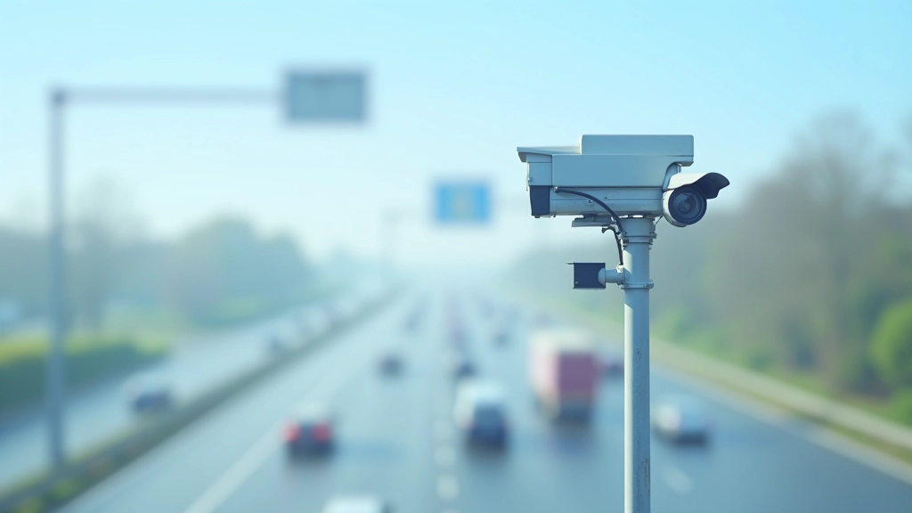 Moderne Sensoren und Überwachungskameras montiert an Autobahnmast über mehrspuriger Fahrbahn