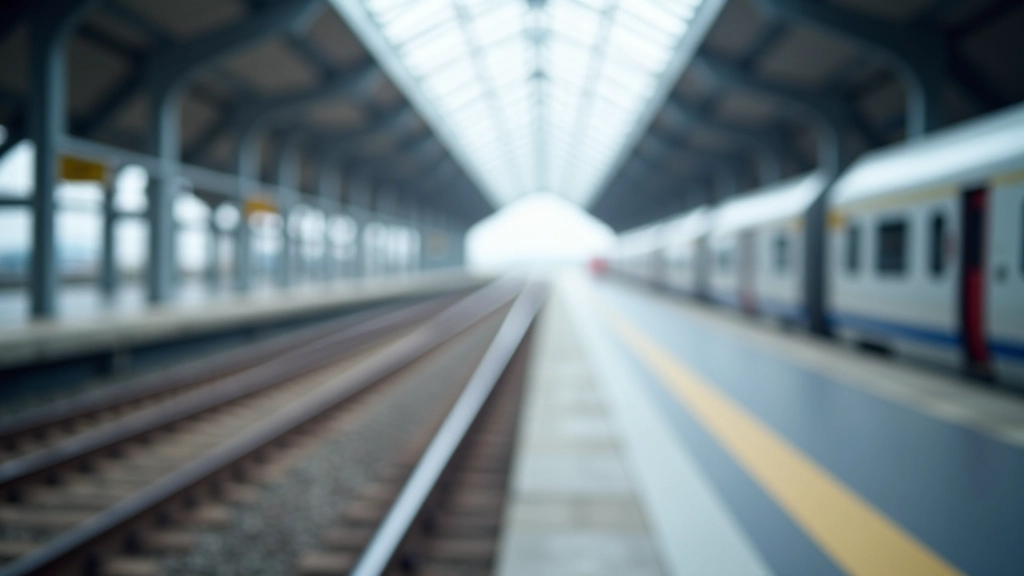 Moderner Bahnhof mit Zügen auf Gleisen, Bahnsteig mit Fahrgästen und moderner Architektur