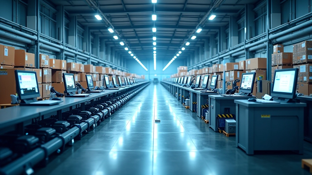 Moderne Lagerautomation mit Robotersystemen, Förderbändern und digitalen Kontrollstationen in einem High-Tech Logistikzentrum