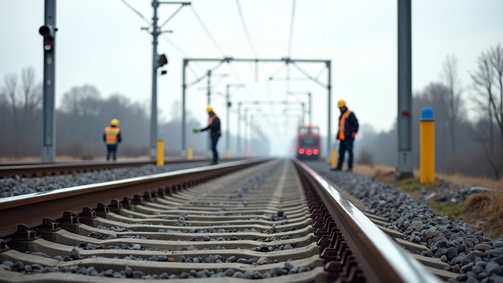 Grafik oder Foto von Eisenbahnstrecke mit Elektrifizierungsleitungen in verschiedenen Baustadien