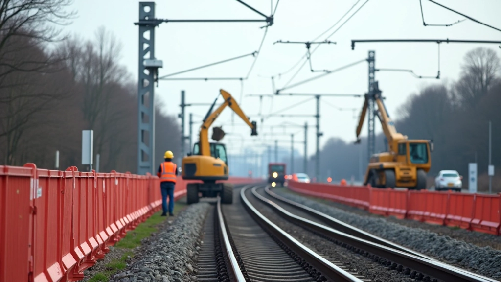Baustelle an Eisenbahnstrecke mit Baumaschinen und modernen Sicherheitsmaßnahmen