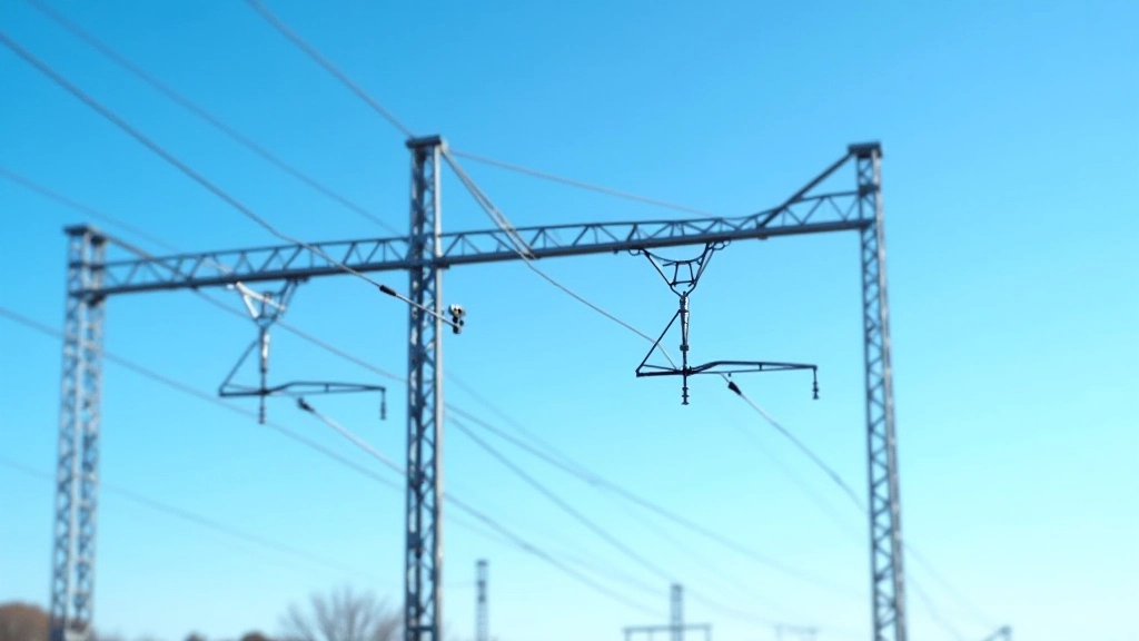 Elektrische Oberleitung über Eisenbahnstrecke mit modernem Mast und Isolatoren, technische Infrastruktur