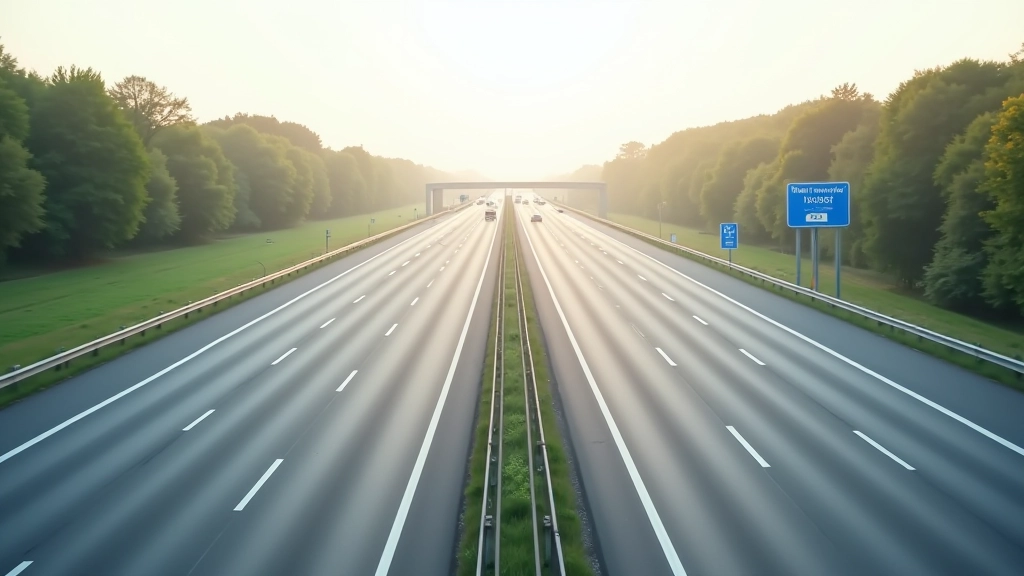 Breite Autobahnstrecke mit modernen Verkehrsschildern und mehreren Fahrbahnen unter blauem Himmel