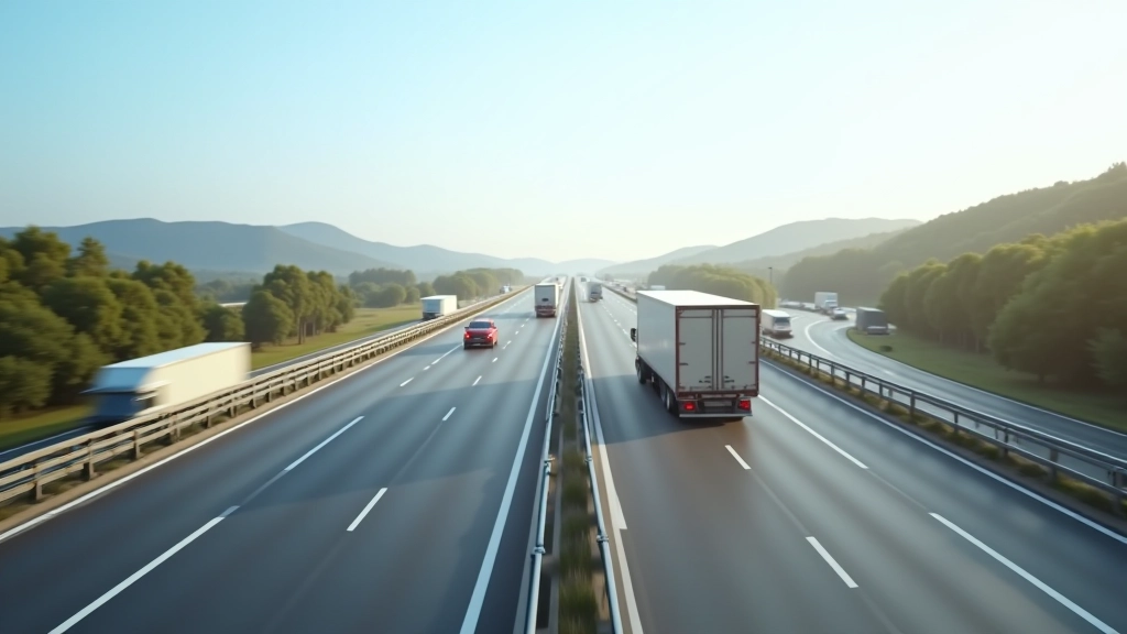 Breite moderne Autobahn mit mehreren Spuren, Lastkraftwagen in Verkehr, klarer Himmel und Landschaftshintergrund